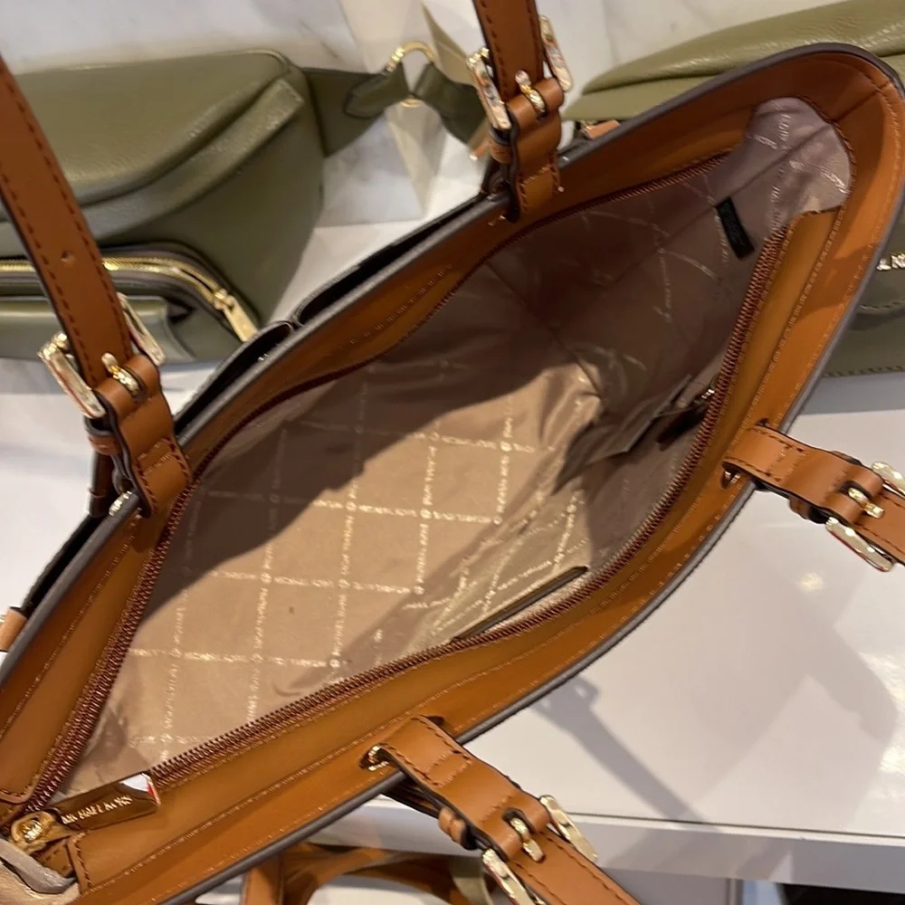MICHAEL KORS JET SET TRAVEL MEDIUM DOUBLE POCKET TOTE BROWN SIGNATURE NWT